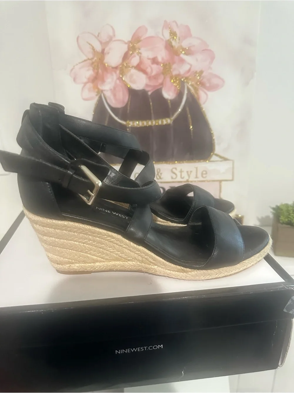 Nine West Black Leather Espadrille Wedge Sandals with Crisscross Straps